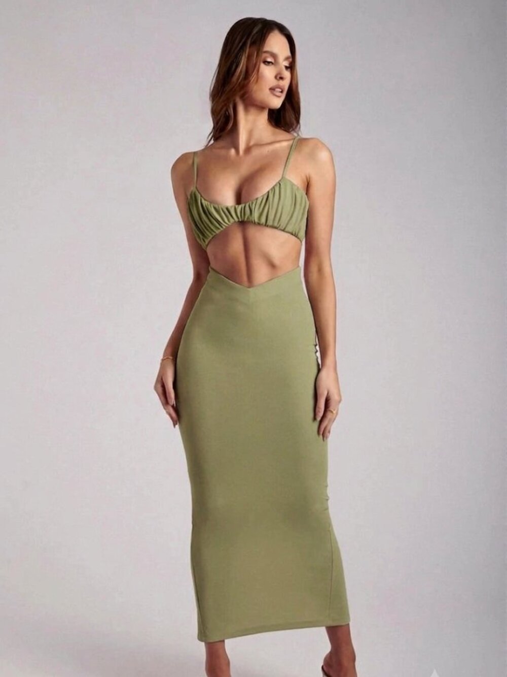 Meshki Crop Top & Skirt Set - Jordan Ruched Front V Front Top - Green